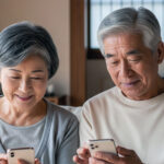 自宅でスマートフォンを操作するシニア夫婦
