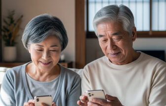 自宅でスマートフォンを操作するシニア夫婦