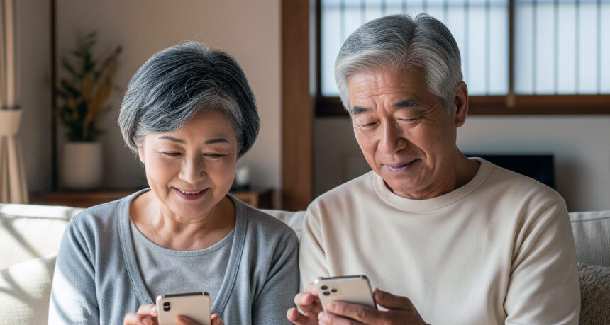 自宅でスマートフォンを操作するシニア夫婦