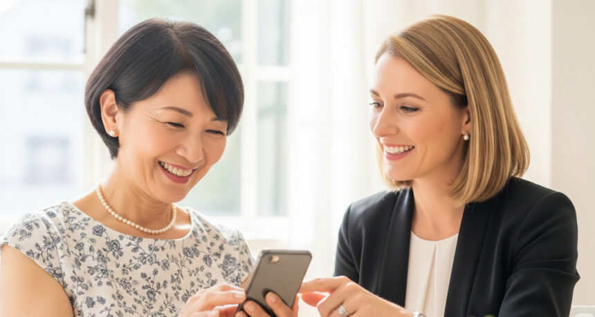 オンラインで英会話中の生徒の日本人女性と先生の白人女性