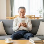 一般的な日本のマンションの自宅のリビングのソファでリラックスした表情で、スマートフォンで電子書籍を読んでいる日本人シニア男性
