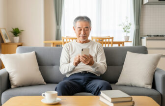 一般的な日本のマンションの自宅のリビングのソファでリラックスした表情で、スマートフォンで電子書籍を読んでいる日本人シニア男性