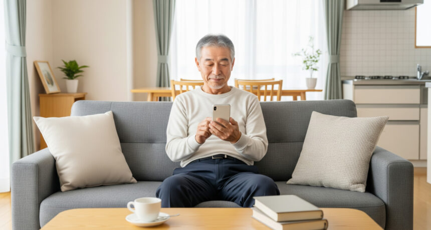一般的な日本のマンションの自宅のリビングのソファでリラックスした表情で、スマートフォンで電子書籍を読んでいる日本人シニア男性
