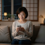 夜、一般的な日本のマンションのリビングのソファの静かな落ち着いた空間で、スマートフォンでイヤホンをしてオーディオブックを聞いている笑顔の日本人ミドル女性