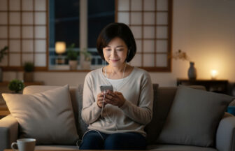 夜、一般的な日本のマンションのリビングのソファの静かな落ち着いた空間で、スマートフォンでイヤホンをしてオーディオブックを聞いている笑顔の日本人ミドル女性