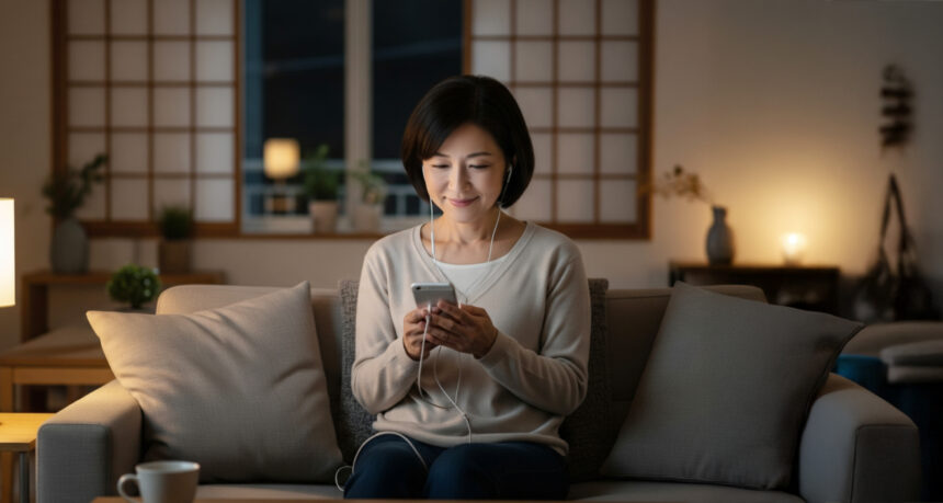 夜、一般的な日本のマンションのリビングのソファの静かな落ち着いた空間で、スマートフォンでイヤホンをしてオーディオブックを聞いている笑顔の日本人ミドル女性