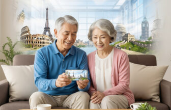 一般的な日本のマンションのリビングのソファで、スマートフォンで世界の有名な観光地の動画を見て、世界旅行をしているような気持ちになって笑顔になっている日本人シニア夫婦