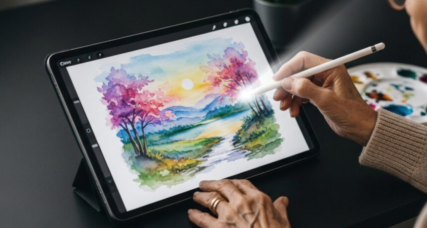 デジタルで水彩画を描くシニア男性