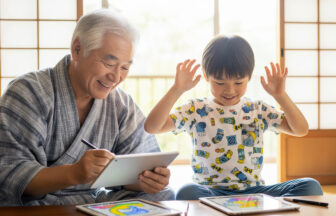 おじいちゃんと孫が笑顔でタブレットで塗り絵をしている