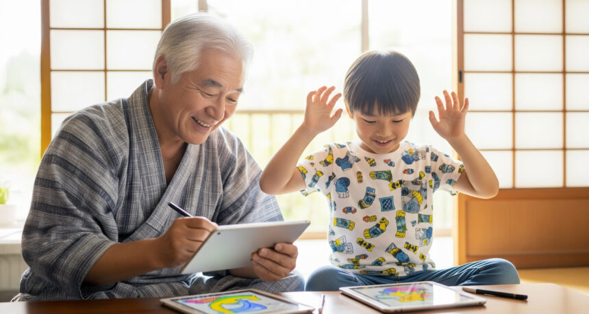おじいちゃんと孫が笑顔でタブレットで塗り絵をしている