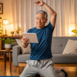 スマートフォンを見ながら自宅でストレッチをするシニア男性