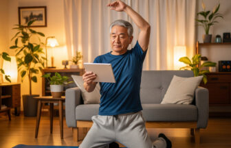 スマートフォンを見ながら自宅でストレッチをするシニア男性