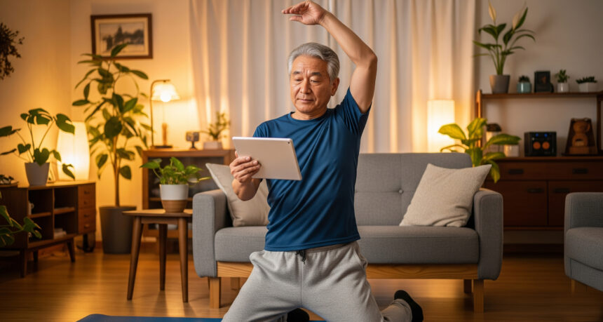 スマートフォンを見ながら自宅でストレッチをするシニア男性