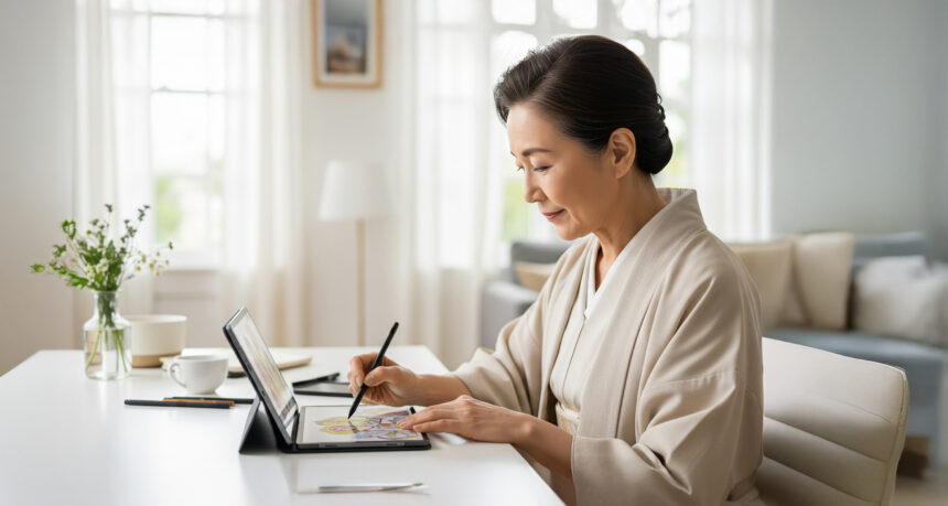 タブレットで絵画を描く日本人シニア女性