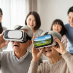 自宅で家族みんなでVRのバーチャル世界旅行を楽しむシニア夫婦