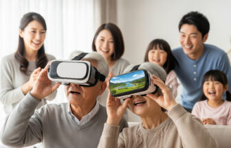 自宅で家族みんなでVRのバーチャル世界旅行を楽しむシニア夫婦