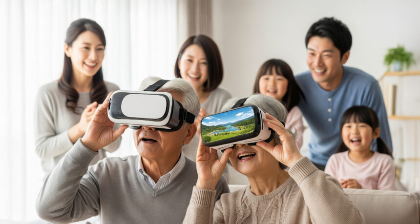 自宅で家族みんなでVRのバーチャル世界旅行を楽しむシニア夫婦