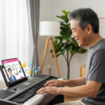 スマートフォンで便利なピアノレッスンを受ける日本人シニア男性