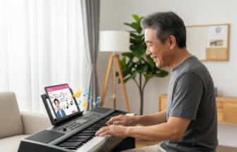 スマートフォンで便利なピアノレッスンを受ける日本人シニア男性