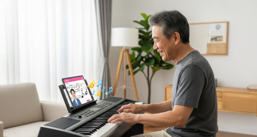 スマートフォンで便利なピアノレッスンを受ける日本人シニア男性