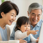 自宅のリビングでパソコンで思い出の写真を見て笑顔になる祖父母と孫