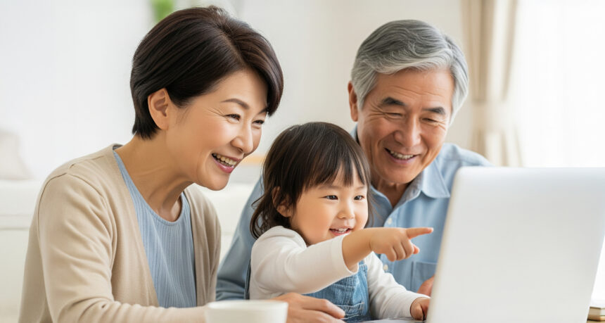 自宅のリビングでパソコンで思い出の写真を見て笑顔になる祖父母と孫