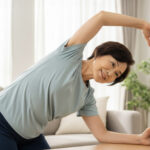自宅でストレッチをするシニア女性