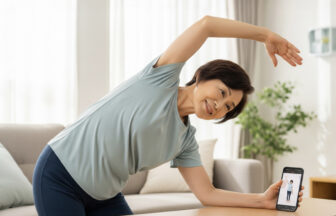 自宅でストレッチをするシニア女性