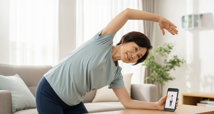 自宅でストレッチをするシニア女性
