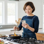 おしゃれなキッチンでスマートフォンを見ながら美味しそうな食事を調理して、キッチンにはきれいに盛り付けられた食事が置かれている日本人ミドル女性