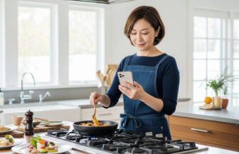 おしゃれなキッチンでスマートフォンを見ながら美味しそうな食事を調理して、キッチンにはきれいに盛り付けられた食事が置かれている日本人ミドル女性