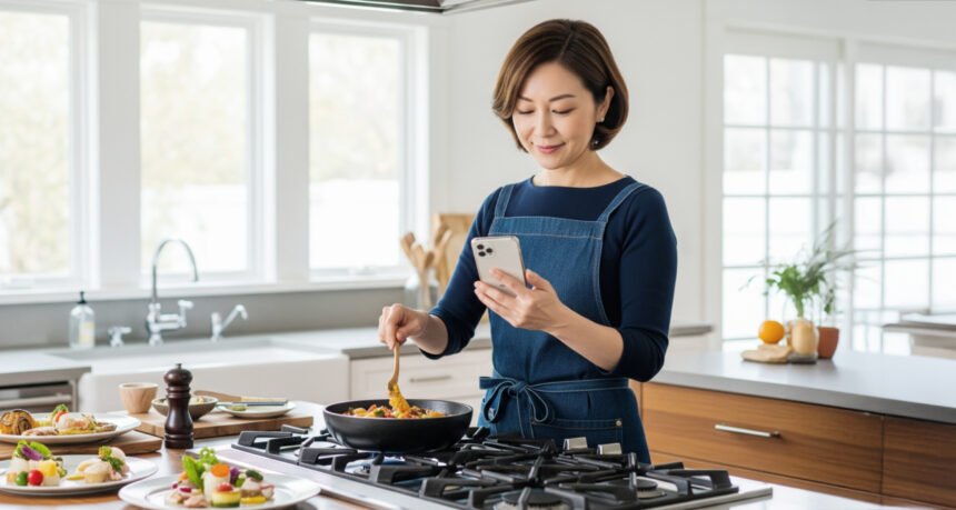 おしゃれなキッチンでスマートフォンを見ながら美味しそうな食事を調理して、キッチンにはきれいに盛り付けられた食事が置かれている日本人ミドル女性