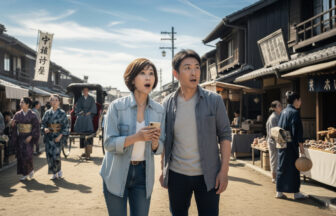 日本の江戸時代の中にタイムスリップした日本人ミドル夫婦