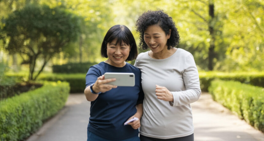 毎日の運動をスマートフォンを見ながら楽しむ女性