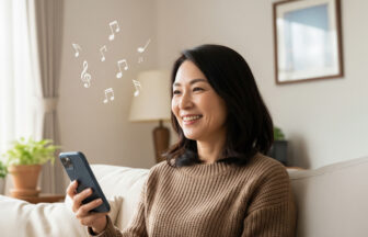 自宅のリビングでスマートフォンを使って懐かしい音楽を楽しむ女性