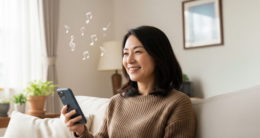 自宅のリビングでスマートフォンを使って懐かしい音楽を楽しむ女性
