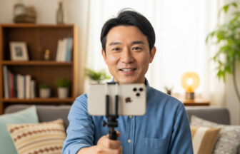 自宅でスマートフォンを使ってVlog撮影を楽しむミドル男性