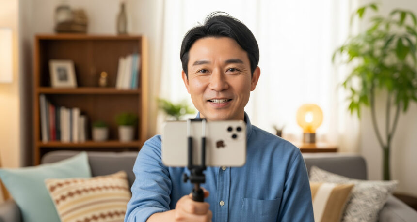 自宅でスマートフォンを使ってVlog撮影を楽しむミドル男性