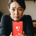 スマ-トフォンのバッテリーがなくなり困っている女性