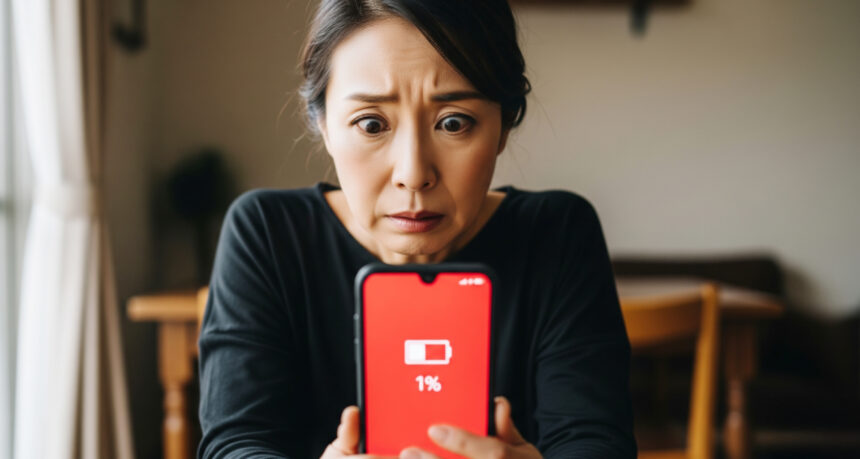 スマ-トフォンのバッテリーがなくなり困っている女性
