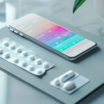 デスクの上にスマートと薬を並べたスマートフォンで薬管理をするイメージ