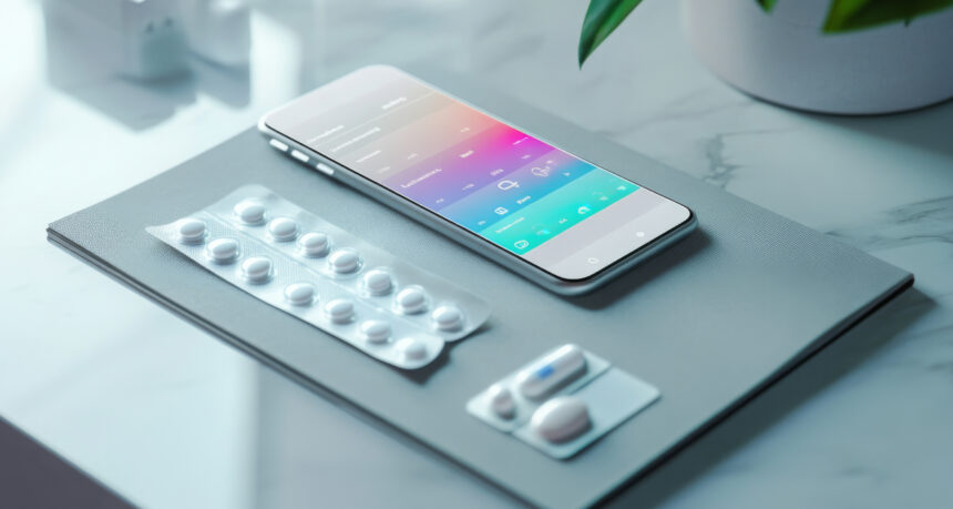 デスクの上にスマートと薬を並べたスマートフォンで薬管理をするイメージ