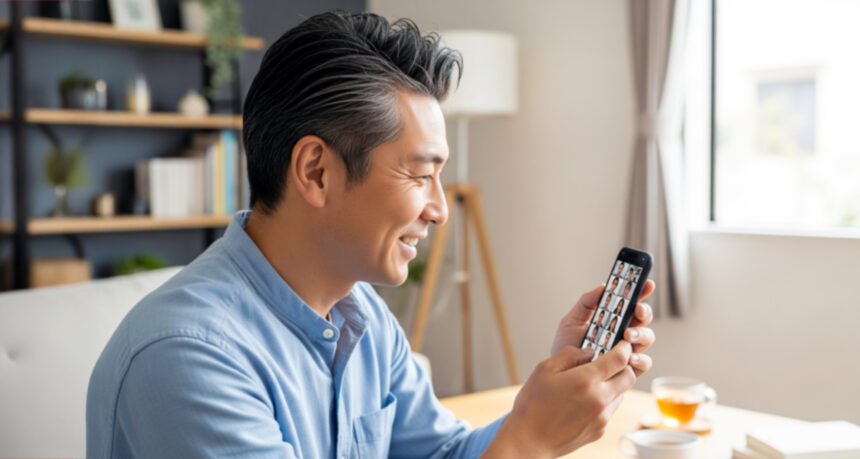 日本人ミドル男性が自宅でスマートフォンを使って　オンラインで複数の人とと会話をしている様子