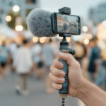人が多い屋外イベントでスマートフォンで撮影しているVlogイメージ