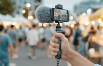 人が多い屋外イベントでスマートフォンで撮影しているVlogイメージ