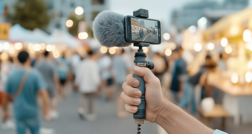 人が多い屋外イベントでスマートフォンで撮影しているVlogイメージ