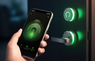 自宅の玄関の鍵をスマートフォンでスマートロックする様子