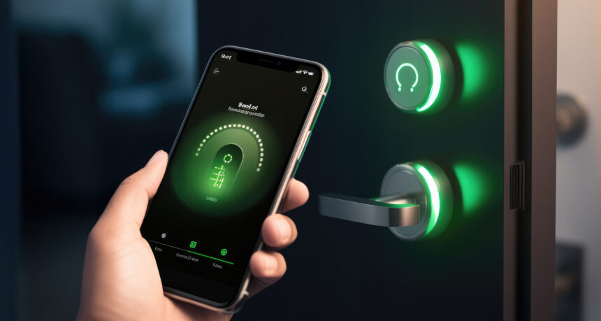 自宅の玄関の鍵をスマートフォンでスマートロックする様子