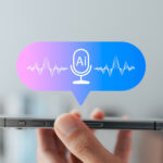 手にスマートフォンを持って声でAIアシスタントを使っているイメージ