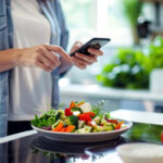 キッチンでスマートフォンでレシピを見て料理をしている様子